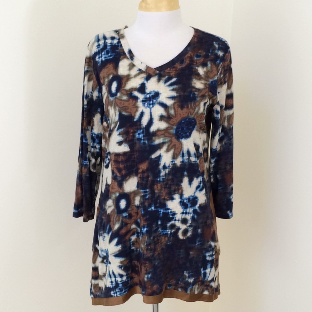 LOGO medium blue abstract print asymmetrical top.